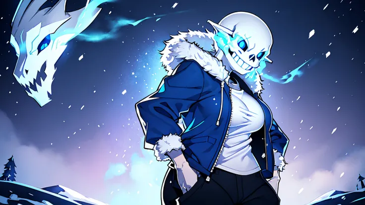 Toby Fox Undertale Sans blue jacket white shirt,Fire eyes skull smile white short hair glowing sexy dragon skull cannon one standing in the snow town Femininefull big breast breast enlargement full-body shot illustration, ultra-detailed, HDR, vibrant color...