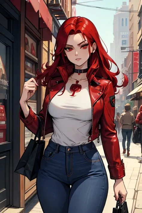 A red haired woman with red eyes with an hourglass figure in a red leather jacket and jeans is shopping in the city streets
