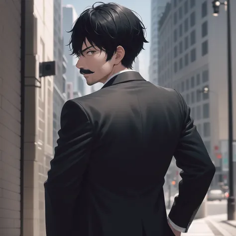 1boy, short black hair, brown eyes, black mustache, wearing all black suit, city, absurdres, high res, ultrasharp, 8K, masterpiece, looking at viewer from behind