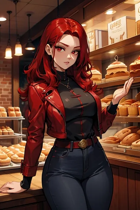 A red haired woman with red eyes with an hourglass figure in a red leather jacket and jeans is holding a present at a bakery