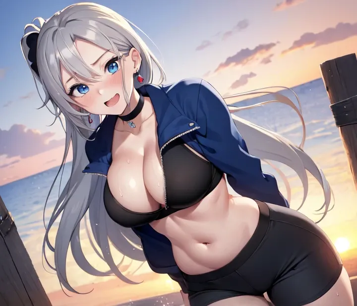 (((masterpiece))), ShizukaMikazuki, One Girl, alone, View your audience, Long Hair, Gray Hair, Long sleeve, Cleavage, Huge big breasts,clavicle, Mature Body,Ken。Six-pack,Make your face a little smaller,Make your breasts bigger,tall,Blushing,Pie Ponytail,Bl...