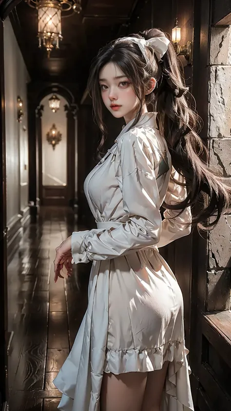 masterpiece、highest quality、High resolution、photorealistic、High resolution、Raw photo、(A maid standing in the hallway of a luxurious mansion)、((1girl、Young woman hiding in the corner of the hallway、detailed face and eyes、beautiful face、ponytail、shiny skin、r...