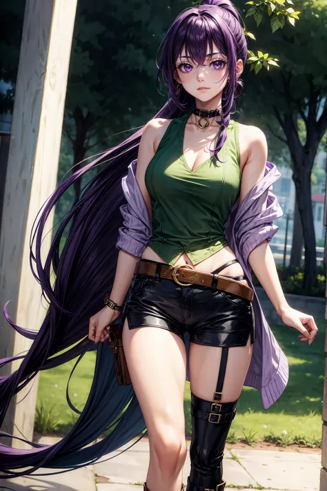 Martina,purple eyes, purple hair, very long hair, ponytail, hair tie, green collar, O-ring top, Vest, sleeveless, Waist shawl, black shorts, Greenbelt, boots,fc portrait  