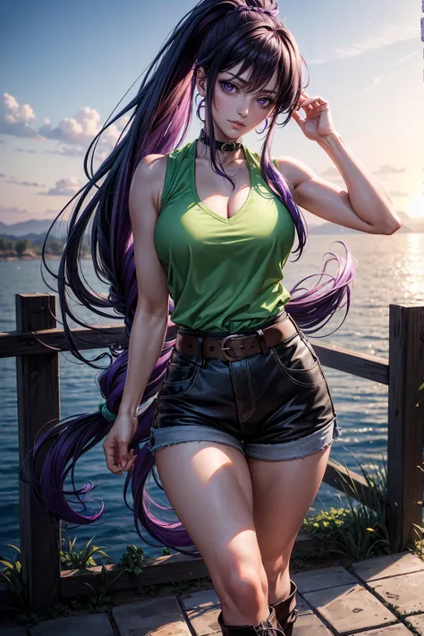 Martina with purple eyes and purple hair, featuring very long hair tied up in a ponytail with a hair tie. She wears a green collar and an O-ring top, paired with a sleeveless vest. Completing her outfit, she has a waist shawl, black shorts, a green belt, a...