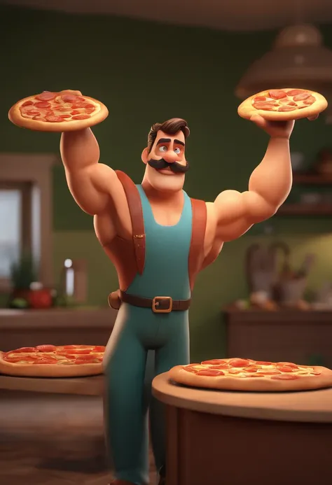 Cartoon character of a strong shirtless mustachioed man with one hand holding a pizza and the other flexing his biceps, avental de pizzaiolo , animation character, Caractere estilizado, animation style rendering, 3D estilizado, Arnold Maya rendering, Styli...