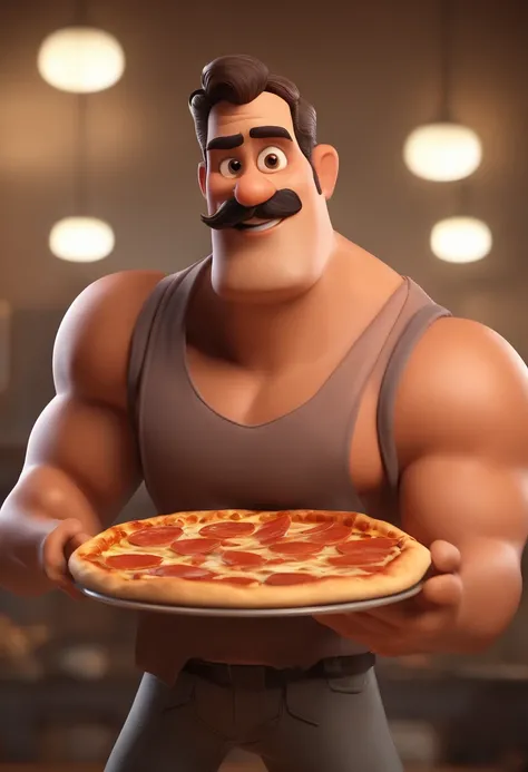 Cartoon character of a strong shirtless mustachioed man with one hand holding a pizza and the other flexing his biceps, avental de pizzaiolo , animation character, Caractere estilizado, animation style rendering, 3D estilizado, Arnold Maya rendering, Styli...