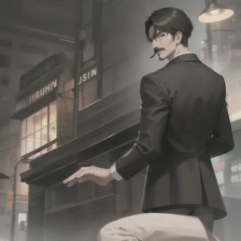 1boy, short black hair, brown eyes, black mustache, wearing all black suit, city, absurdres, high res, ultrasharp, 8K, masterpiece, looking at viewer from behind