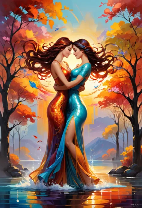 Affectionate and sentimental, hot as fire and gentle as water, joy and excitement interwoven joy, yearning and caring for the stretching tenderness, visual shock and picture impact, bright and full of color application, bold strokes and flowing lines, pass...