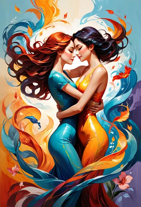 Affectionate and sentimental, hot as fire and gentle as water, joy and excitement interwoven joy, yearning and caring for the stretching tenderness, visual shock and picture impact, bright and full of color application, bold strokes and flowing lines, pass...