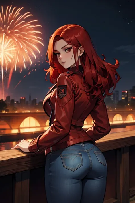 A red haired woman with red eyes with an hourglass figure in a red leather jacket and jeans is watching fireworks