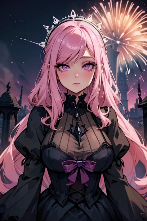 A pink haired woman with violet eyes with an hourglass figure in a Gothic lolita dress is watching the fireworks
