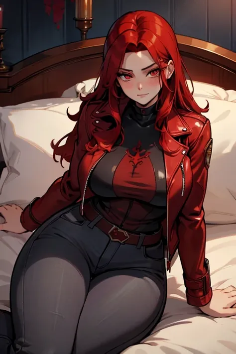 A red haired woman with red eyes with an hourglass figure in a red leather jacket and jeans is laying on a bed with a blush