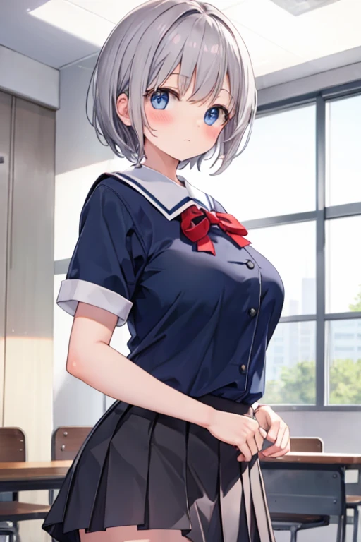 Big Breasts　nude　Gray Hair　　School Uniform　blue eyes　highest quality　Blushing　classroom　Skirt flip