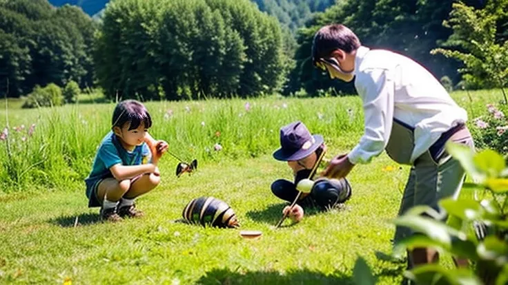 Catching beetles in the countryside、Catching stag beetles in the countryside、Children catching insects、