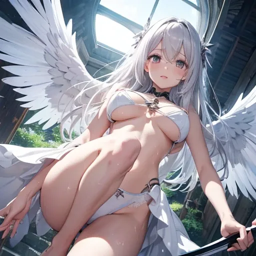 masterpiece, highest quality, High resolution,  Long Hair，、Drooping eyes，barefoot，Looking up，Embarrassed face，Angle from below、Big Breasts、The white underwear is transparent、White Hair,In town、The legs are thin、Clothes are wet、The clothes are torn，Gravure ...