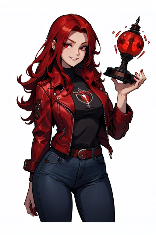 A red haired woman with red eyes with an hourglass figure in a red leather jacket and jeans is smiling with a gaming controller