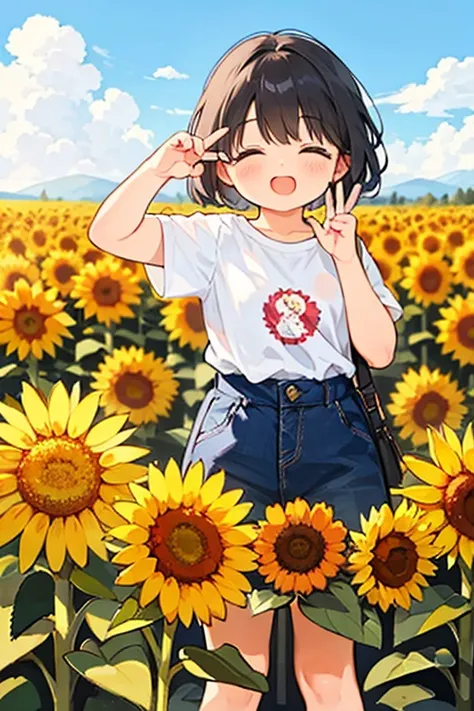 A female artist expresses sunflowers with her body.、Laughing with your mouth open、Cute pose
