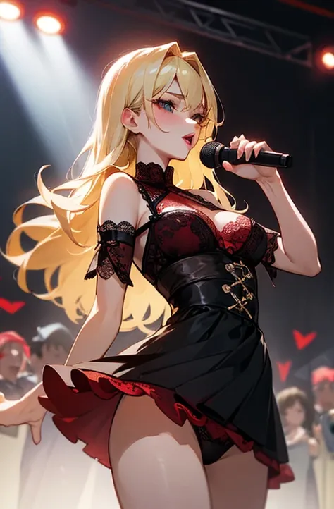 black and red lace underwear、Blonde、Beauty、Red Lip、adult、Hold the microphone and sing、