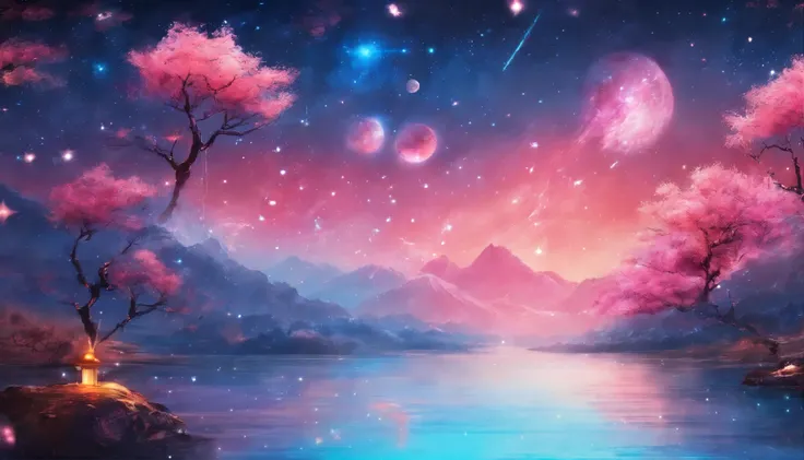 horizon ,Peach Blossom Rain, Fire painting,Clear blue lake，Pink Coral,Ultra-wide field of view,highest quality,Official Art