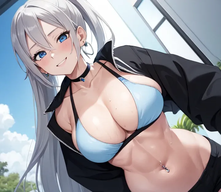 (((masterpiece))), ShizukaMikazuki, One Girl, alone, View your audience, Long Hair, Gray Hair, Long sleeve, Cleavage, Huge breasts,clavicle, Mature Body,Glamorous Body,Trained abdominal muscles,Make your face a little smaller,Make your breasts bigger,tall,...