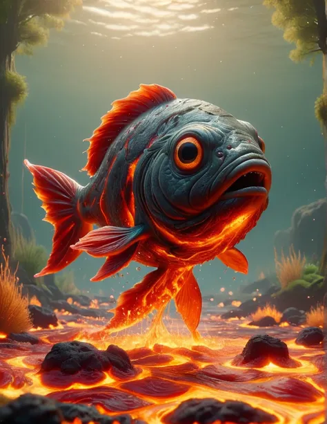 school of fish swimming in flowing lava. lava lake. volcano. fire. trout and bass. 4k video game concept unreal engine. pixar-cu...