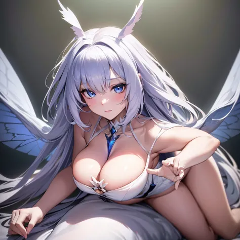 (best quality,4k,8k,highres,masterpiece:1.2),ultra-detailed,(realistic,photorealistic,photo-realistic:1.37),anime,portrait, moth furry,black Sclerotic,detailed eyes,colorful wings of a moth,white fluff,curious expression,wavy long light blue hair,pale skin...