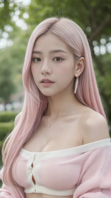 a close up of a woman with long white hair wearing a white off shoulder open shirt , invisible wear, ulzzang, portrait jisoo blackpink, pink straight hair, portrait of jossi of blackpink, jisoo from blackpink, jisoo of blackpink, roseanne park of blackpink...