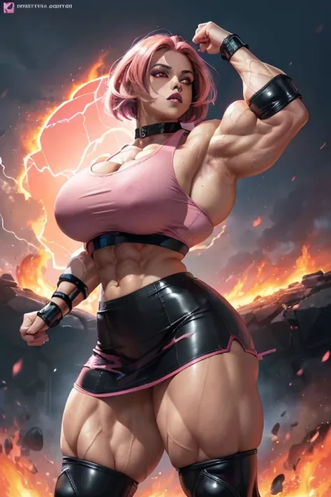 ((((Massive, beautiful, buff, light brown skinned, muscular woman with shocking pink hair, black lipstick, glowing red eyes, ginormous bulky muscles, and wearing a black leather sports bra with loose skirt)))), close view, massive muscles, massive biceps, ...