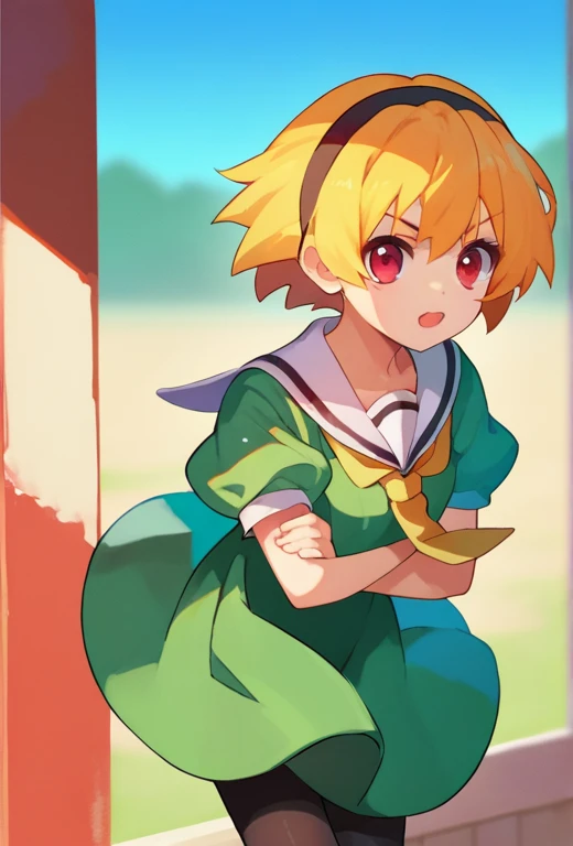 score_9, score_8_up, score_7_up, source_anime, 1girl, SatokoSchool, blonde hair, red eyes, hairband, sailor collar, yellow necktie, green dress, black pantyhose,  