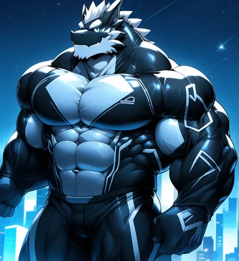 City background, Skyscraper, futuristic city, night, Star, night lights, Dragon Beast Giant Gashapon， Superhero, hero, Black Gold，bodysuit, Huge muscles, Huge pectoral muscles, Chiseled abdominal muscles, Huge pectoral muscles, Exaggerated huge muscles. A ...