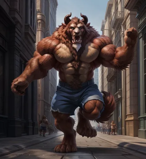 a photorealistic image of the beast from the movie beauty and the beast, super muscular giant, with muscular arms, broad shoulde...