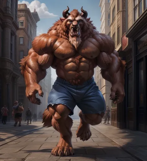 a photorealistic image of the beast from the movie beauty and the beast, super muscular giant, with muscular arms, broad shoulde...