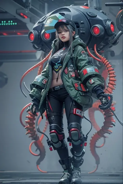 Realistic picture 8k，hips up,Girl in cyberpunk outfit, robortoctopus Sea creature ,