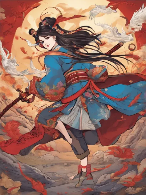 /imagine prompt: A dynamic battle scene in a manga style, featuring an Onmyoji and demons clashing under a crimson moon, vivid colors, traditional Japanese attire, and spell symbols floating around. Created Using: high-contrast colors, manga lines, action ...