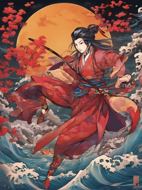 /imagine prompt: A dynamic battle scene in a manga style, featuring an Onmyoji and demons clashing under a crimson moon, vivid colors, traditional Japanese attire, and spell symbols floating around. Created Using: high-contrast colors, manga lines, action ...