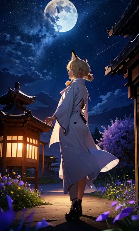 １people々々々々々々々々々々々々々々々々々々,woman with medium length blonde hair，fox ears，long coat，takageta， dress silhouette， rear view，space sk...