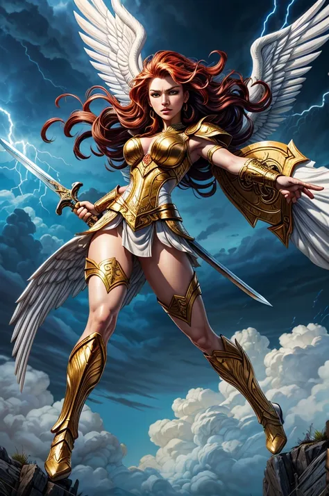 glorious victory scene,vivid colors,beautiful vintage warrior woman with very big white open wings,beautiful angry face,curly lo...