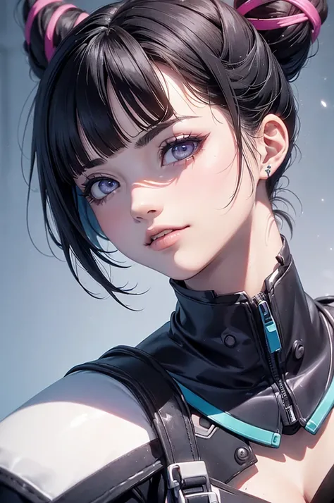 juri han(obra de arte, melhor qualidade),1 garota, adorable, Bonitinho, sorridente, delicado, Detailed expression, dynamic pose!, arte digital detalhada, Neon lighting, Claro-escuro, Horror, Intrinsic Beauty, atraente, No estilo de Rossdraw e Yoshitaka Ama...