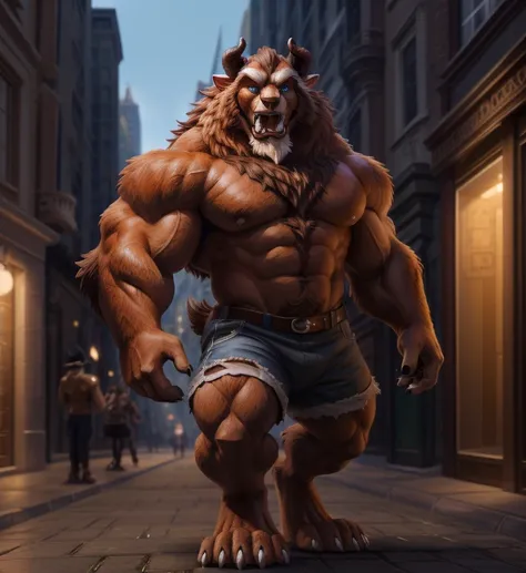 A photorealistic image of the Beast from the movie Beauty and the Beast, super muscular giant, with muscular arms, broad shoulders, giant and toned physique, bursting muscular veins, blue eyes, tail, super furry brown fur, backward facing horns, with veins...