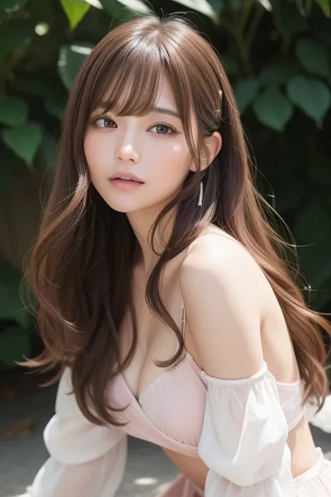 Close-up of a feminine face with soft wavy bangs and light brown hair。(Flawlessレースのブラジャー、FlawlessＴback、White or pink、Crouch down、Full body description、M-shaped splits、1.6）Long hair、In the flowing soft waves、Give a gentle and friendly impression。The backgro...