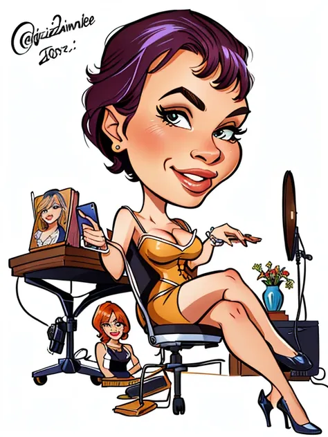 4k, best quality, Comic Babes, drawing of a woman sitting in a chair with a laptop and a mirror, caricature style, caricature illustration, caricature!!!, rendering, Catarina, by Olga Boznańska, by Adrienn Henczné Deák, portrait photography , illustration!...