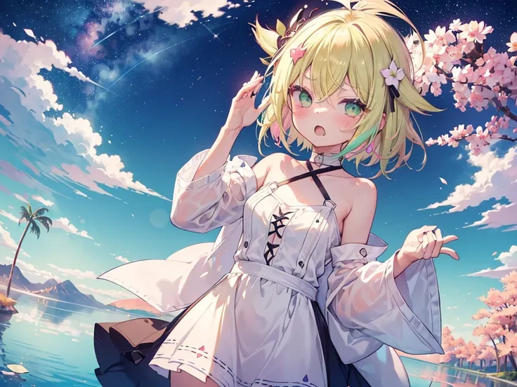 dress, Green Eyes, fine grain、blonde、Multicolored Hair、Inner Color、Wavy Hair、 short hair、thin、28-year-old female、(((((Wink)))))、((((yawn)))),((((1 girl))))、Embarrassed face、Beautiful night sky、8K background、Medium Chest、whole body、Woman Standing On The Sur...