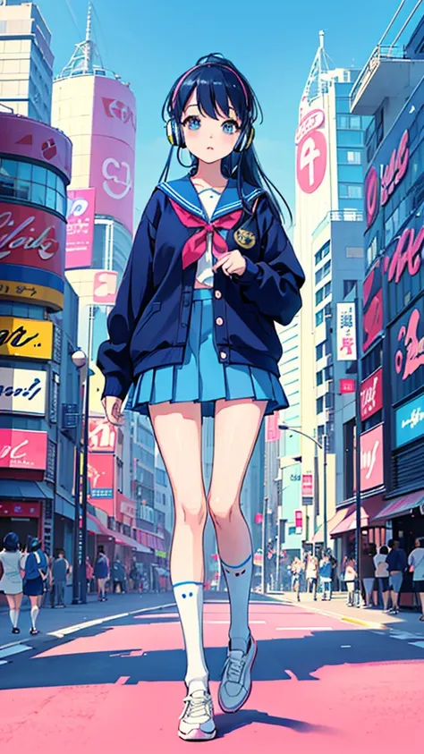 90s city pop art、city pop style、sketch style、lofi girl、beautiful high school girl、8 headodel、navy blue sailor uniform、white swea...