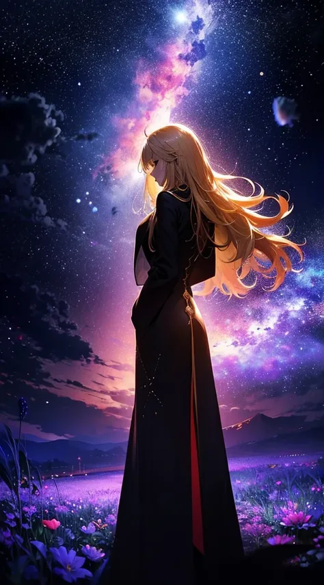 １people,Blonde long-haired woman，Long coat， Dress Silhouette， Rear View，Space Sky, Flower Field，Colorful flowers