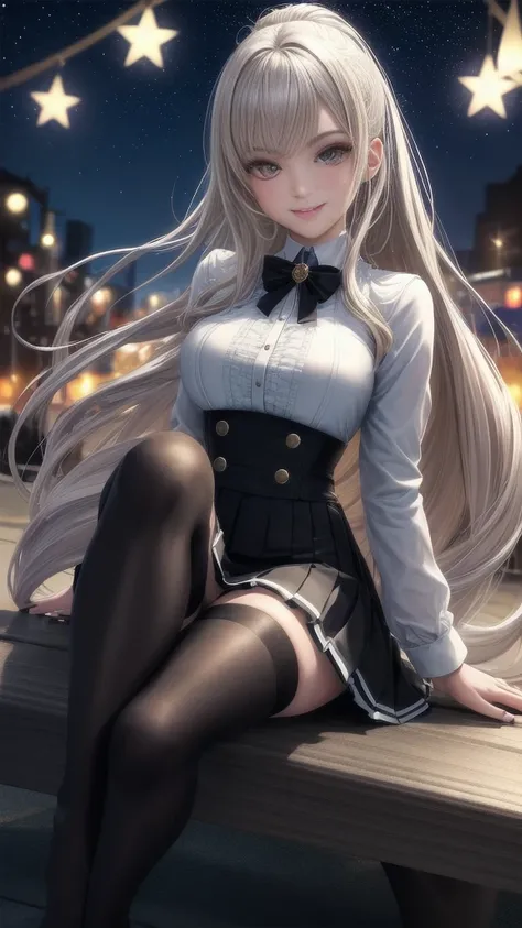 A high resolution, Ultra detailed, (1girll:1.3), (Dynamic pose):1.0 BREAK, 1 extremely beautiful and glamorous  anime girl sitting on the park bench at night, wearing a white collard shirt and a knee-length long pleats skirt, (Black stockings), she has bla...