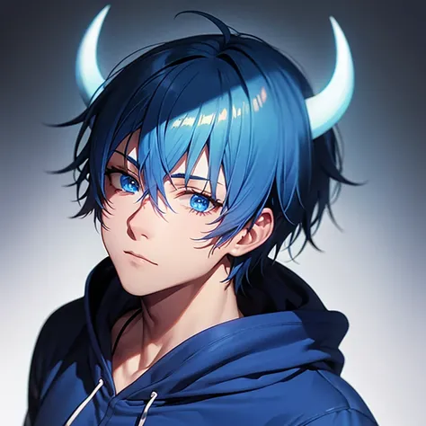 A blue haired man with blue horns wearing a blue Hoodie And blue eyes