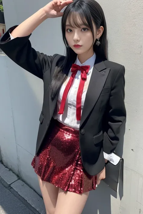 Japanese women、Black Hair、Porterre、 Red sequin formal suit（Tight mini skirt）、Whole Body Ezbian、８K