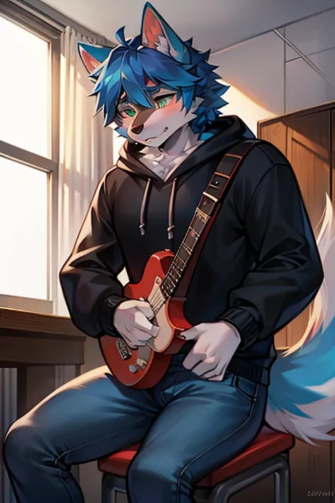 solo person，shaggy male，hairy bodies，shoun，wolf，canid，light blue fur fur，Long dark blue hair，The ends of the hair are red，green eye，holding guitar, Bind your hands，Bullied，adolable，Handsome，large tail，full bodyesbian，dark blue hoodie，blue jeans,in school，P...