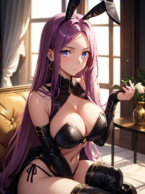 {{{Perfect Anatomy}}},masterpiece,extremely detailed CG unity 8k wallpaper, Perfect lighting, detailed, Beautiful Face, Beautiful Eyes, 1 female, alone,Upper Body,A with straight hair, Latin ancestor, Purple Iris, Bunny ears、Playboy Bunny,Black Micro Bikin...