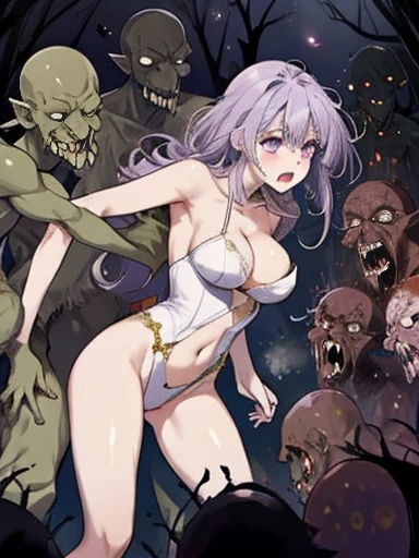 Constraints　slim, Light purple hair（Messy Hair）　Beautiful woman　White bodysuit（Tube top、Belly button、High leg、Thigh exposure）　Scared　eyes half open　Tears overflow　shout　Desperate　Dungeons　Different world　Get caught by a lot of zombies 1:5　There are a lot o...